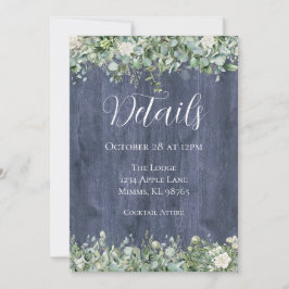 Cartão de Detalhes de Casamento Navy Wood Eucalypt