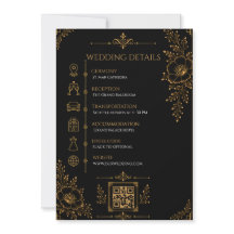 Cartão de Detalhes de Casamento Preto e Dourado de