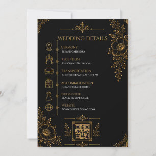 Cartão de Detalhes de Casamento Preto e Dourado de