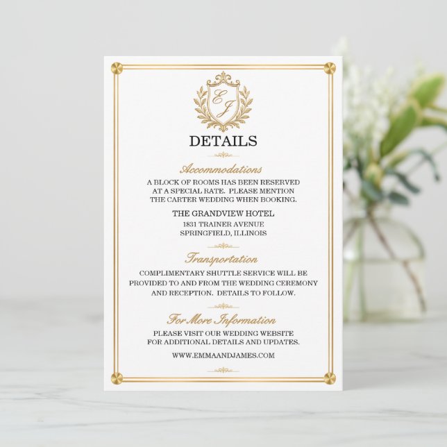 Cartão de Detalhes de Noiva com Crista de Ouro Ele (Em pé/Frente)