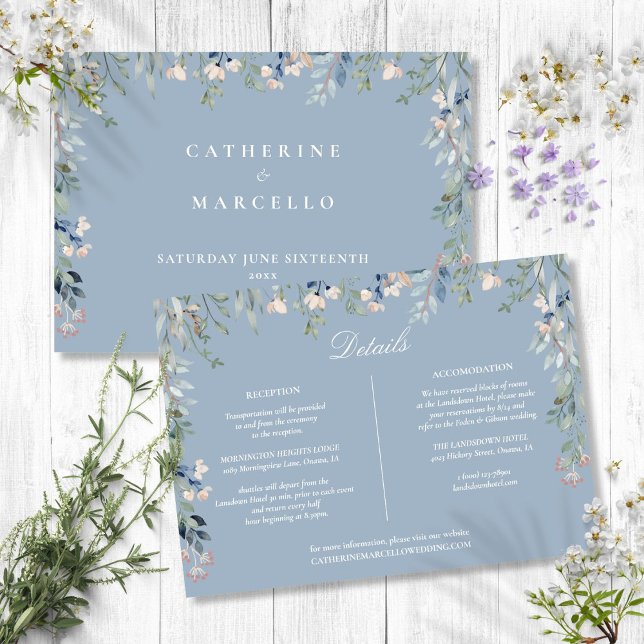 Cartão de Detalhes de Noivado em Azul Poeira com C (Dusty Blue Floral Cascade Wedding Details Card)