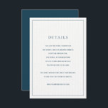 Cartão de Detalhes do Casamento Azul e Branco do M<br><div class="desc">Este cartão de detalhes de casamento minimalista e clássico apresenta um fundo branco com letras clássicas em azul marinho. O verso apresenta um fundo azul marinho. Personalize-o para as suas necessidades. Você pode encontrar produtos correspondentes na minha loja.</div>