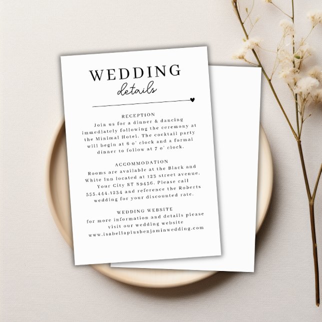 Cartão de Detalhes do Casamento Branco Negro Minim (Modern Minimalist Black White Wedding Details Card)