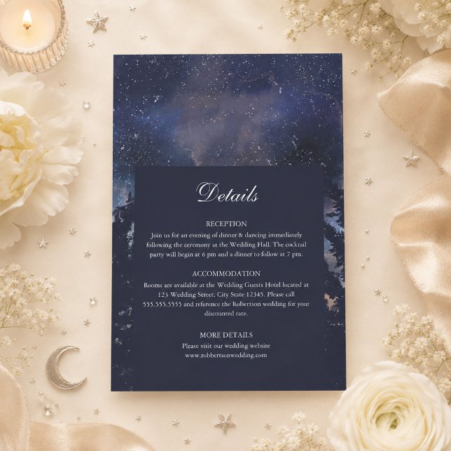Cartão de Detalhes do Casamento Celestial da Flore (Starry Night Forest Celestial Wedding Details Card on a table with flowers and celestial decor)