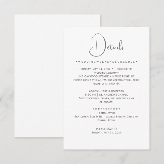 Cartão de Detalhes do Casamento da Caligrafia Prat (Frente/Verso)