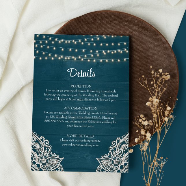 Cartão de Detalhes do Casamento da Elegância Rústi (Dark Teal Wedding Details on brown and white background with dry wildflower)