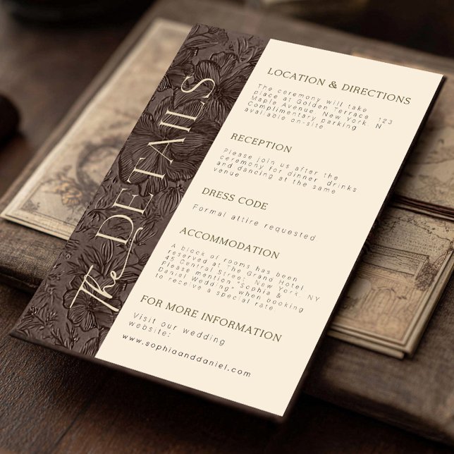 Cartão de Detalhes do Casamento de Chocolate Elega (Share important wedding details with guests using this matching chocolate mocha embossed floral deta)