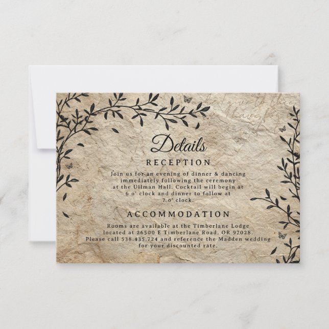 Cartão de Detalhes do Casamento de Ferida Botânica (Frente)