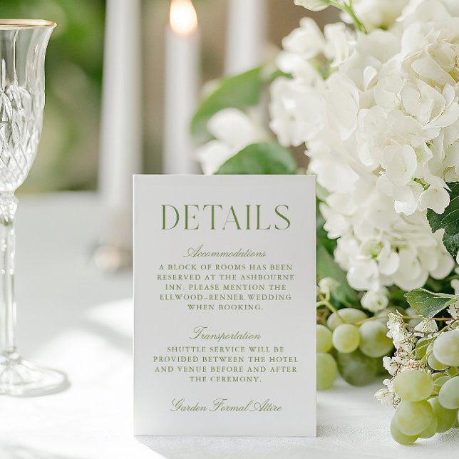 Cartão de Detalhes do Casamento de Sage Green & Wh (Sage Green & White Wedding Wedding Details Card)