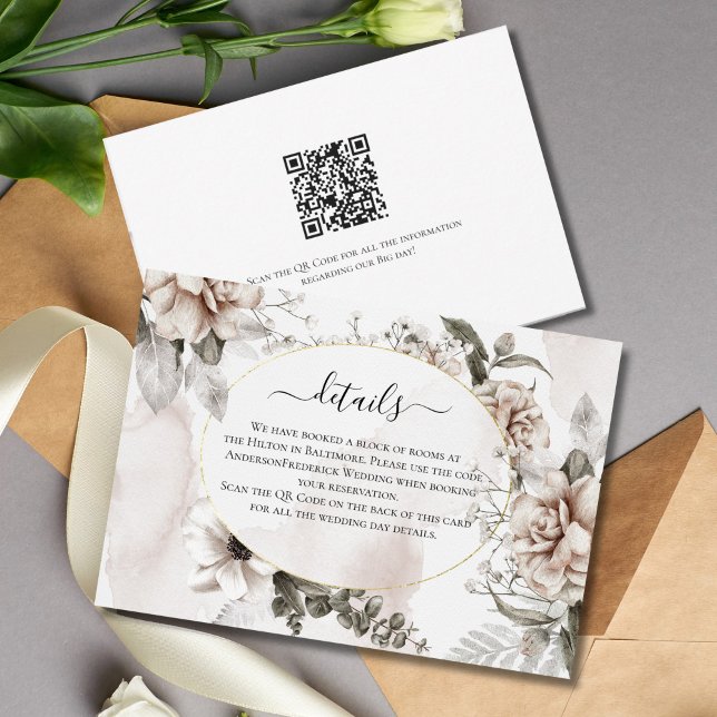 Cartão de Detalhes do Casamento Elegante Floral da (Pink Gray Floral Watercolor Wedding details card)