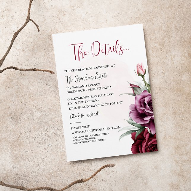 Cartão de Detalhes do Casamento Floral Burgundy (Criador carregado)