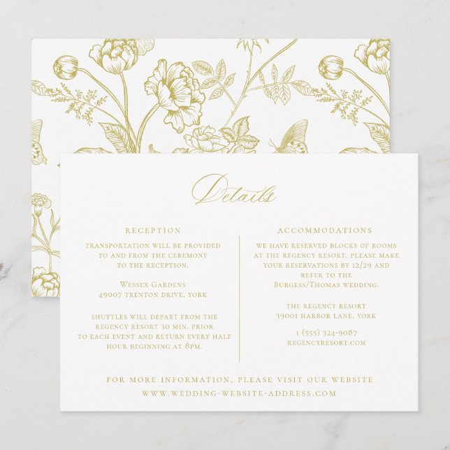 Cartão de Detalhes do Casamento Floral Dourado da  (Frente/Verso)