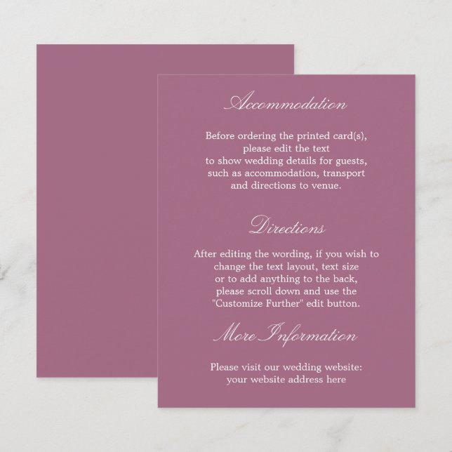 Cartão de Detalhes do Casamento Mauve Elegante (Frente/Verso)