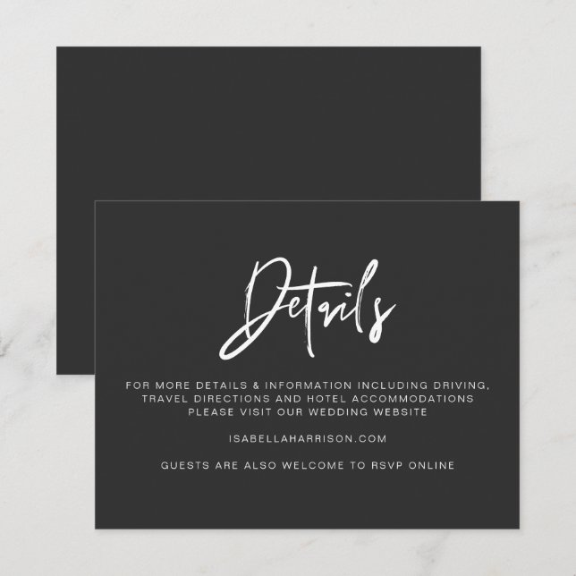 Cartão de Detalhes do Casamento Preto Moderno da P (Frente/Verso)