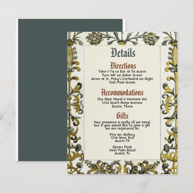 Cartão de Detalhes do Casamento Real da Renascença (Frente/Verso)