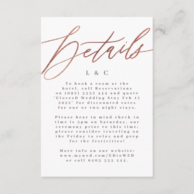 Cartão de Detalhes do Casamento Simples e Rosa Dou (Frente)