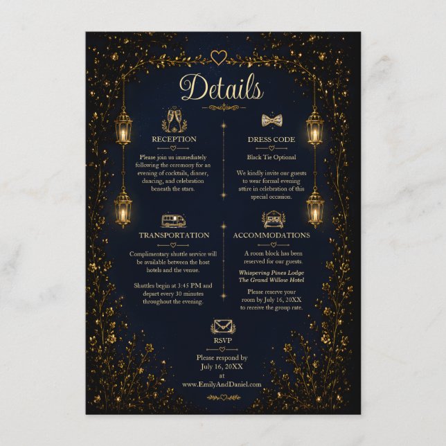 Cartão de Detalhes do Casamento Starlight Symphony (Frente)
