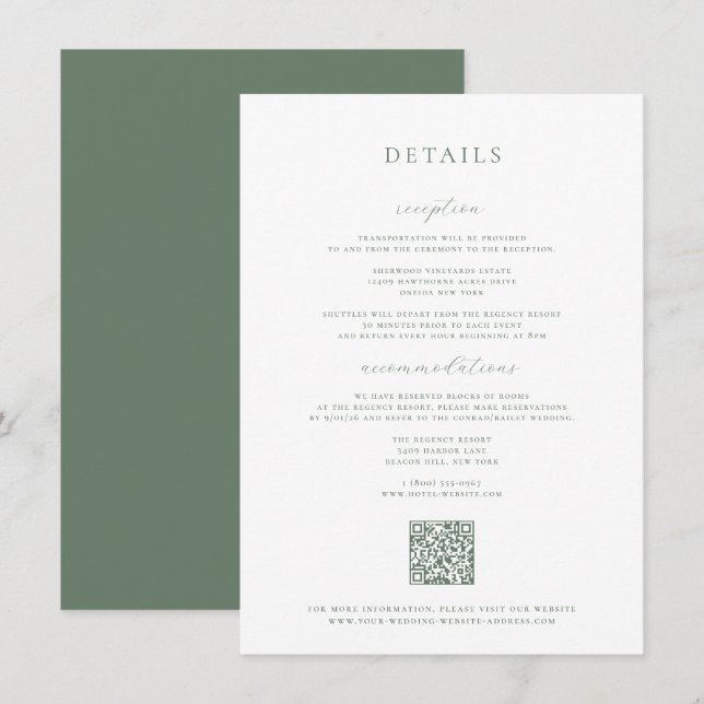 Cartão de Detalhes do Casamento Verde Sage (Frente/Verso)