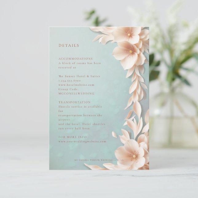 cartão de detalhes florais cor-de-rosa aqua (Em pé/Frente)