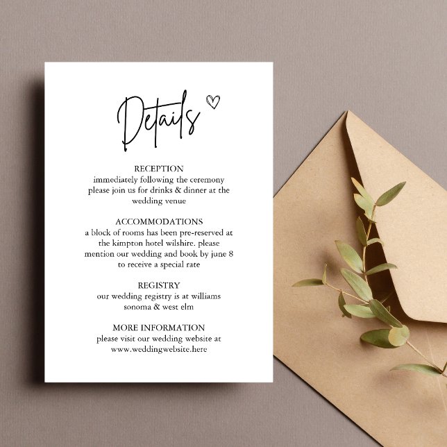 Cartão de Detalhes Mínimos do Casamento (Minimal enclosure card shares wedding details with clean, understated elegance.)