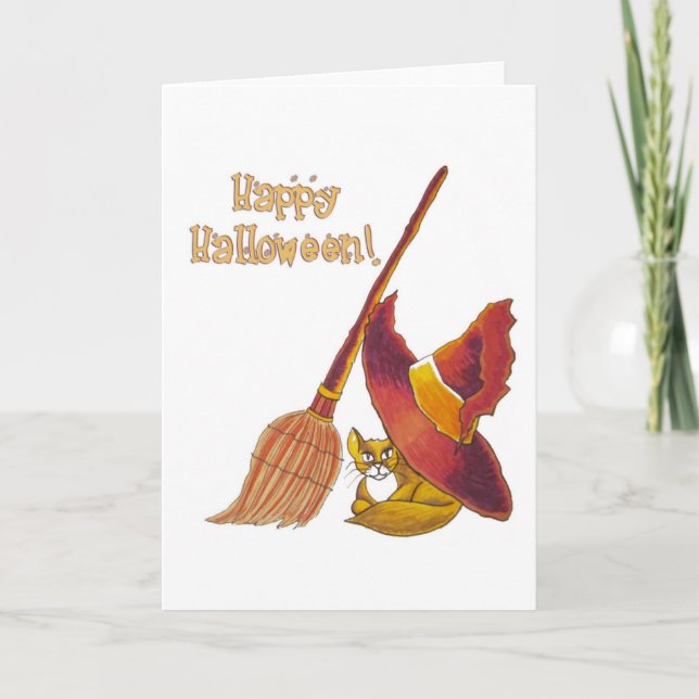 Cartão de Dia das Bruxas de Cat e Broomstick (Frente)