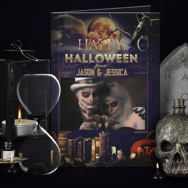 Cartão de Dia das Bruxas de Foto de Lua Cheia de S (spooky gothic black Halloween Card with photo)