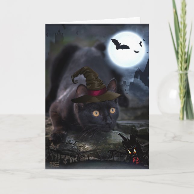 Cartão de Dia das Bruxas de Gato Preto Spooky (Frente)