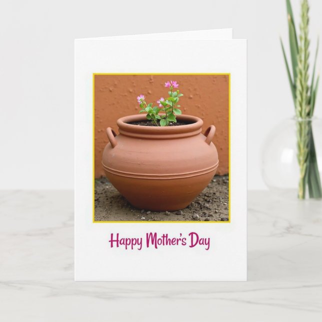 Cartão de Dia das Mães com Floral Rosa em Vaso (Frente)