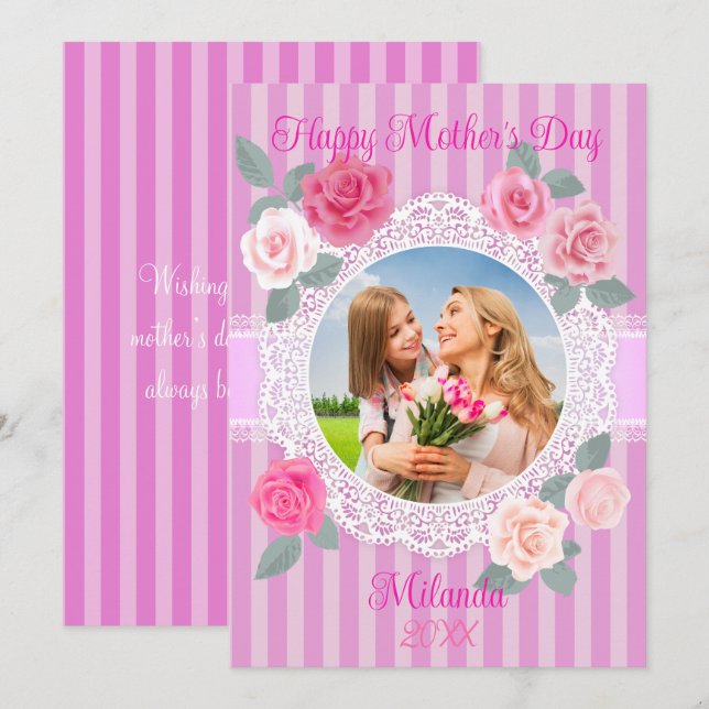 Cartão de Dia das Mães com Rosas Rosas Feliz (Frente/Verso)