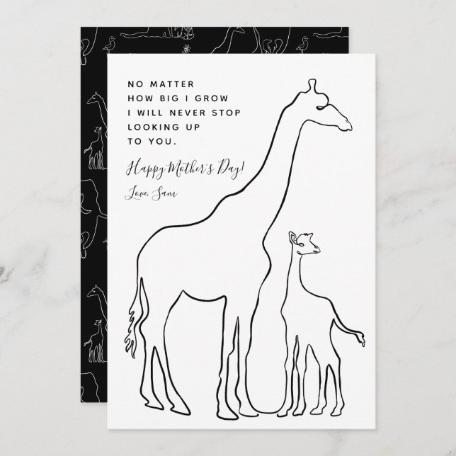 Cartão de Dia de as mães de Arte de Linha de Giraf (Frente/Verso)