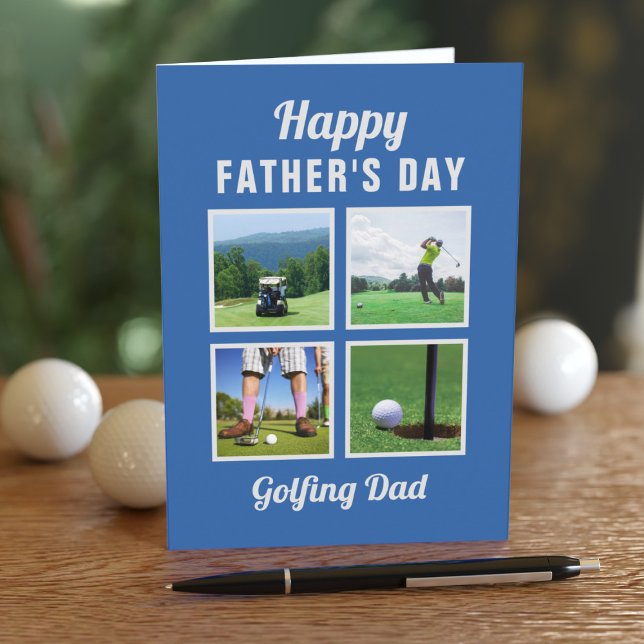 Cartão de Dia de os pais de Colagem de Fotografias (Upload 4 fave photos for your Golfing Dad's Father's Day Card and add a sweet message inside)
