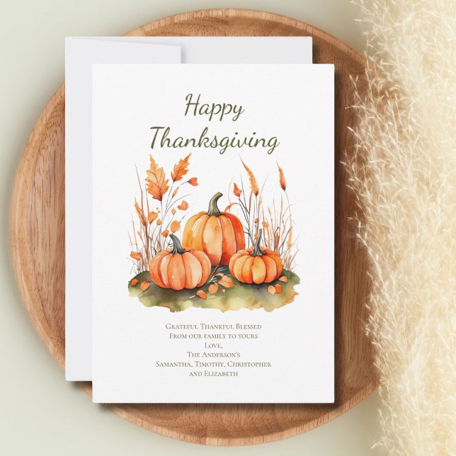 Cartão de Dia Personalizado de Ação de Graças de o (Thanksgiving cards with pumpkins and botanicals Happy Thanksgiving)