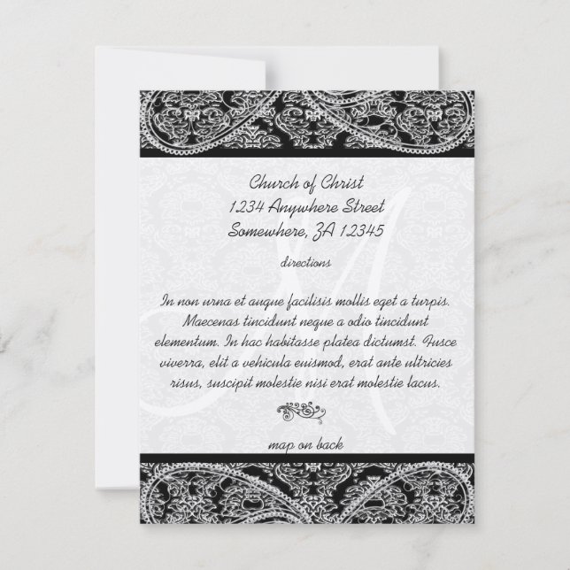 Cartão de Direção de Casamento em Damask Preto Mon (Frente)