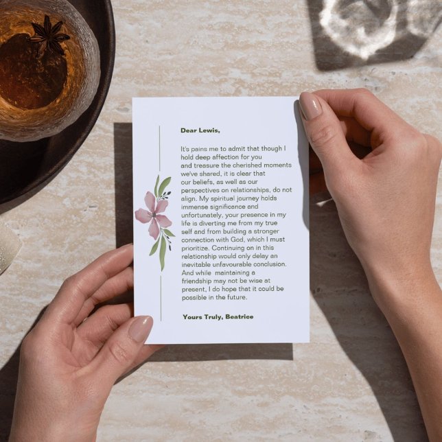 Cartão de divisão centralizado em Deus (A breakup card acknowledging the union's end due to God not being at its center.)