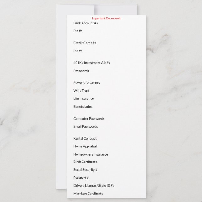 Cartão de Documentos Importantes (Frente)