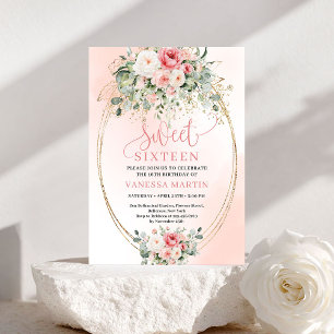 Cartão de Doze Anos Rosa Dourado Floral Moderno