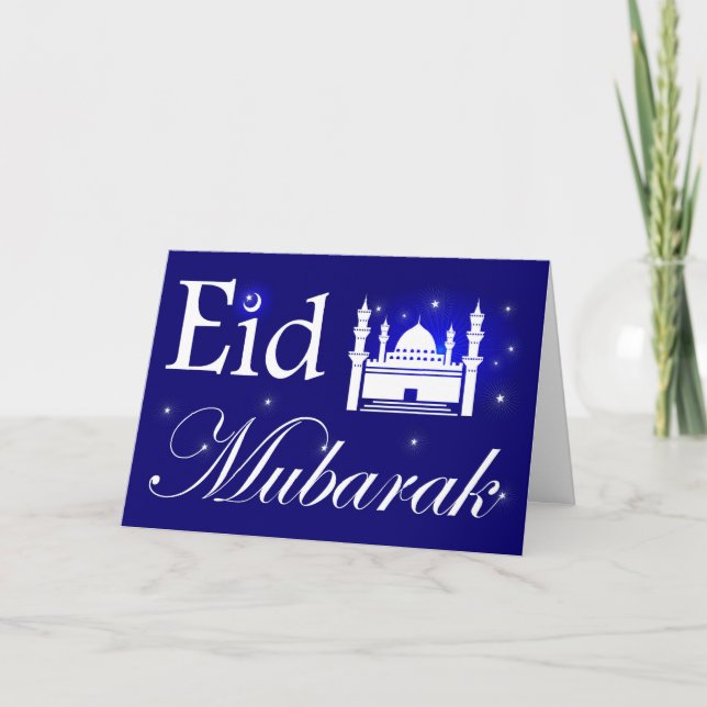 Cartão de Eid al-Fitr no azul, Eid Mubarak (Frente)