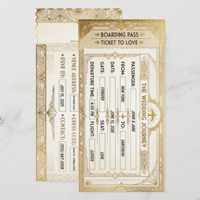 Cartão de Embarque Art Deco para Casamento (Frente/Verso)