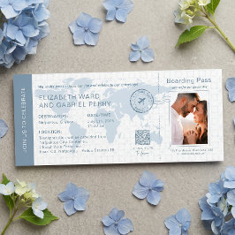 Cartão de Embarque Azul Empoeirado Casamento de De