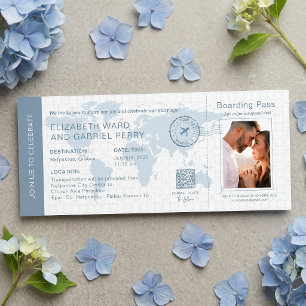 Cartão de Embarque Azul Empoeirado Casamento de De