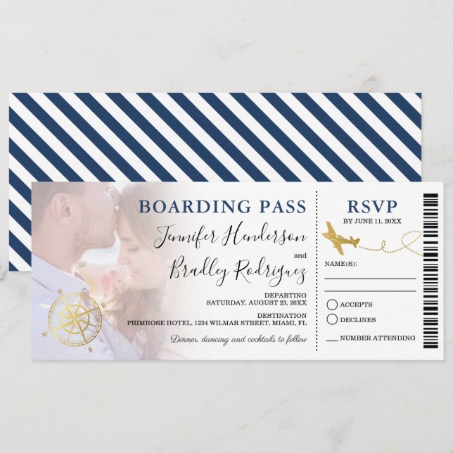 Cartão de Embarque Azul | Foto de Casamento no Des (Frente/Verso)