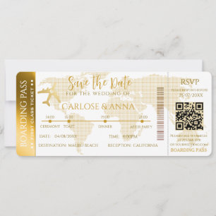 Cartão de Embarque Dourado Código QR Casamento Des