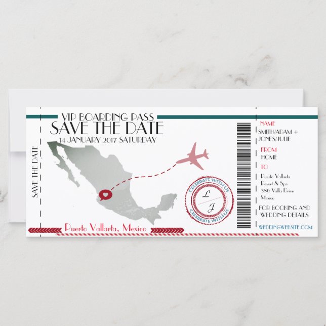 Cartão de Embarque Editável Save the Date (Frente)