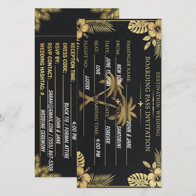 Cartão de Embarque para Casamento Tropical Ouro Pr (Frente/Verso)