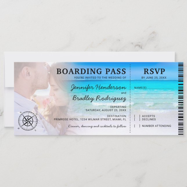Cartão de Embarque Praia Foto RSVP & Casamento (Frente)