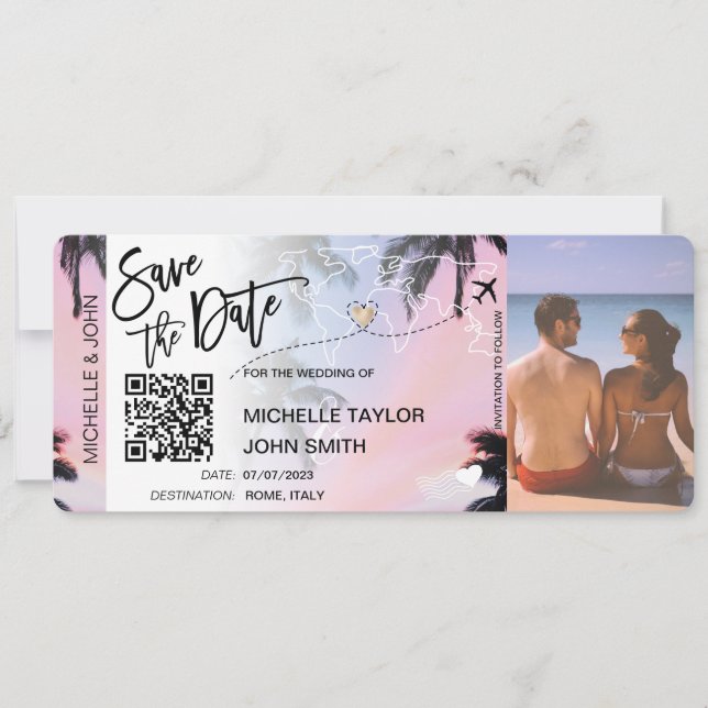 Cartão de Embarque QR Code Save the Date Palm Beac (Frente)
