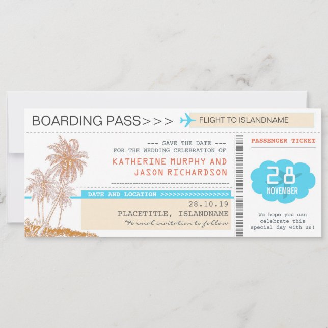 Cartão de Embarque Salve a Data com Design de Pass (Frente)