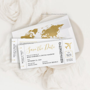 Cartão de Embarque Salve a Data de Avião Dourado