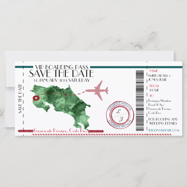 Cartão de Embarque Save the Date Editável (Frente)