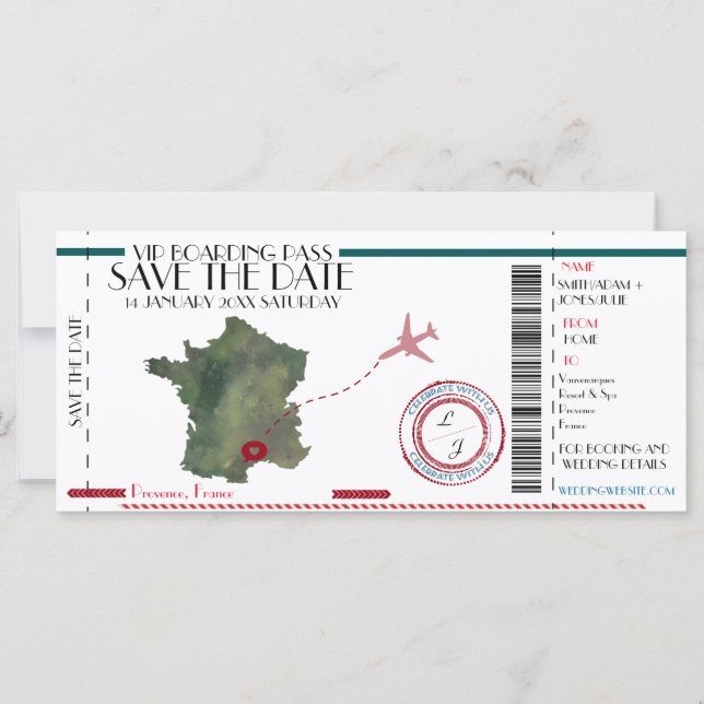 Cartão de Embarque Save the Date Editável (Frente)
